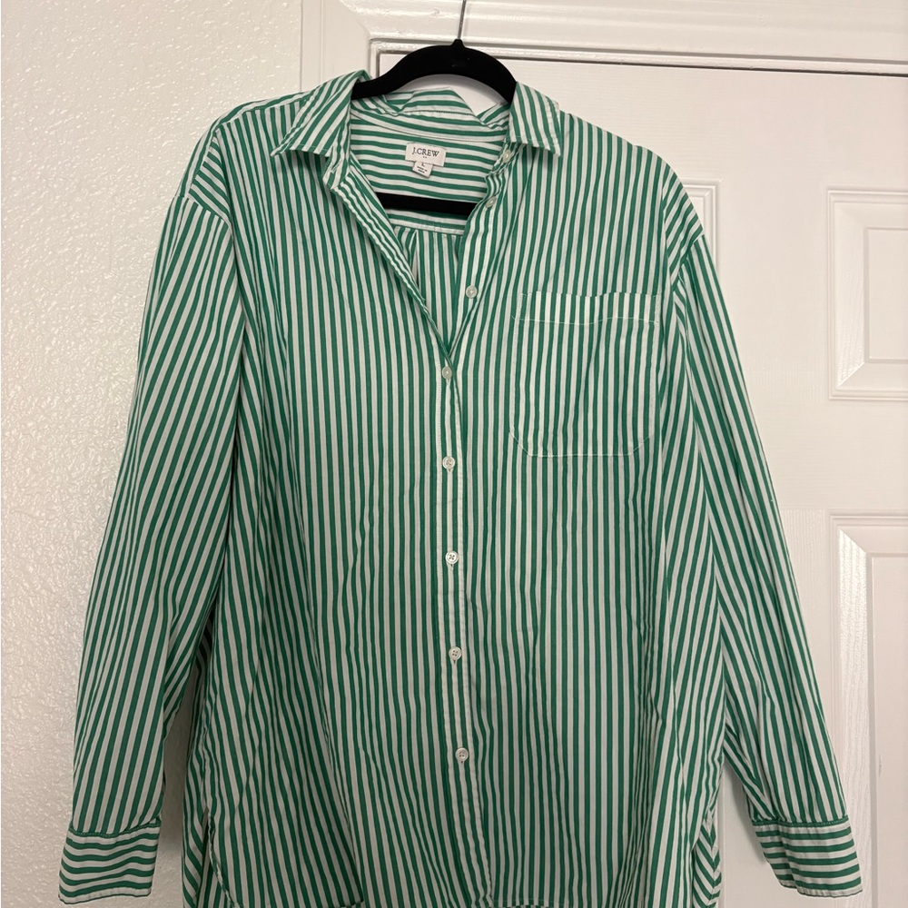 J. Crew Men's Green and White Striped Shirt